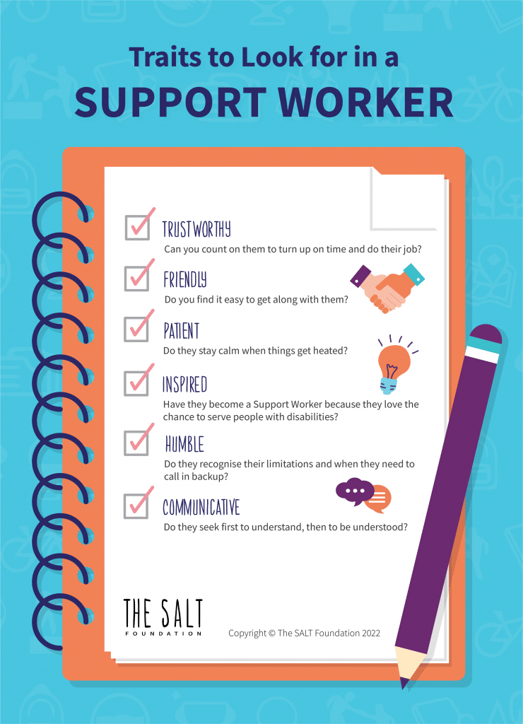 NDIS support workers need these traits: trustworthiness, friendliness, patient, inspired, humble, and communicative.